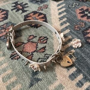 Faux Leather Studded Floral Choker Collar With Heart Locket and Key